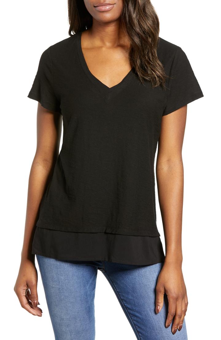 Women's Vince Camuto Layered Look V-neck Tee, Size - Black