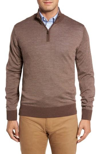 Men's Peter Millar Collection Merino Blend Bird's Eye Quarter Zip Pullover, Size - Brown