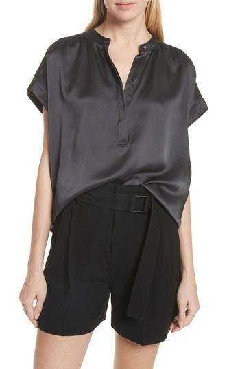 Women's Vince Shirred Neck Silk Top - Grey