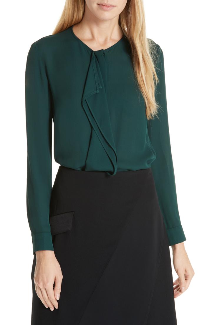 Women's Judith & Charles Double Ruffle Detail Silk Blouse - Green