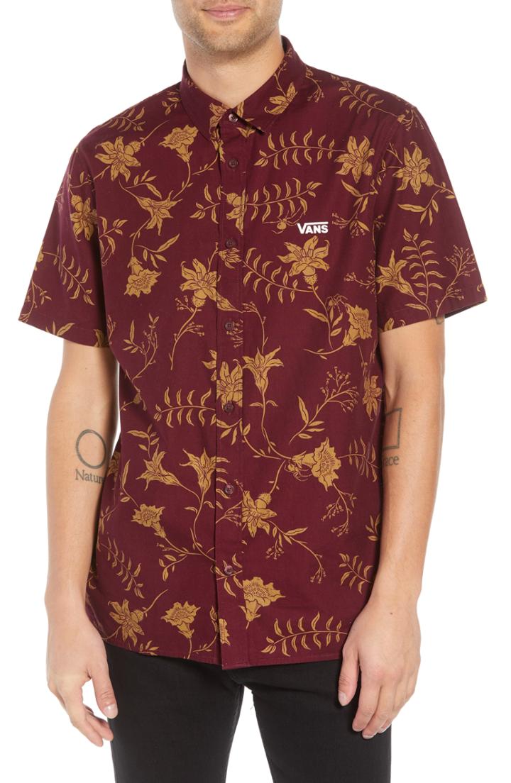 Men's Vans Plants Floral Print Woven Shirt - Burgundy