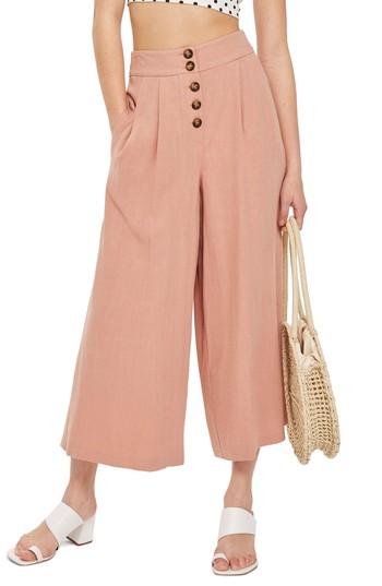 Women's Topshop Horn Button Crop Wide Leg Trousers Us (fits Like 0) - Pink