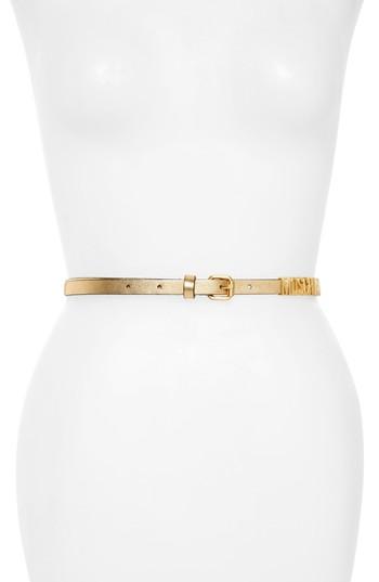 Women's Moschino Logo Skinny Metallic Leather Belt - Gold/ Gold
