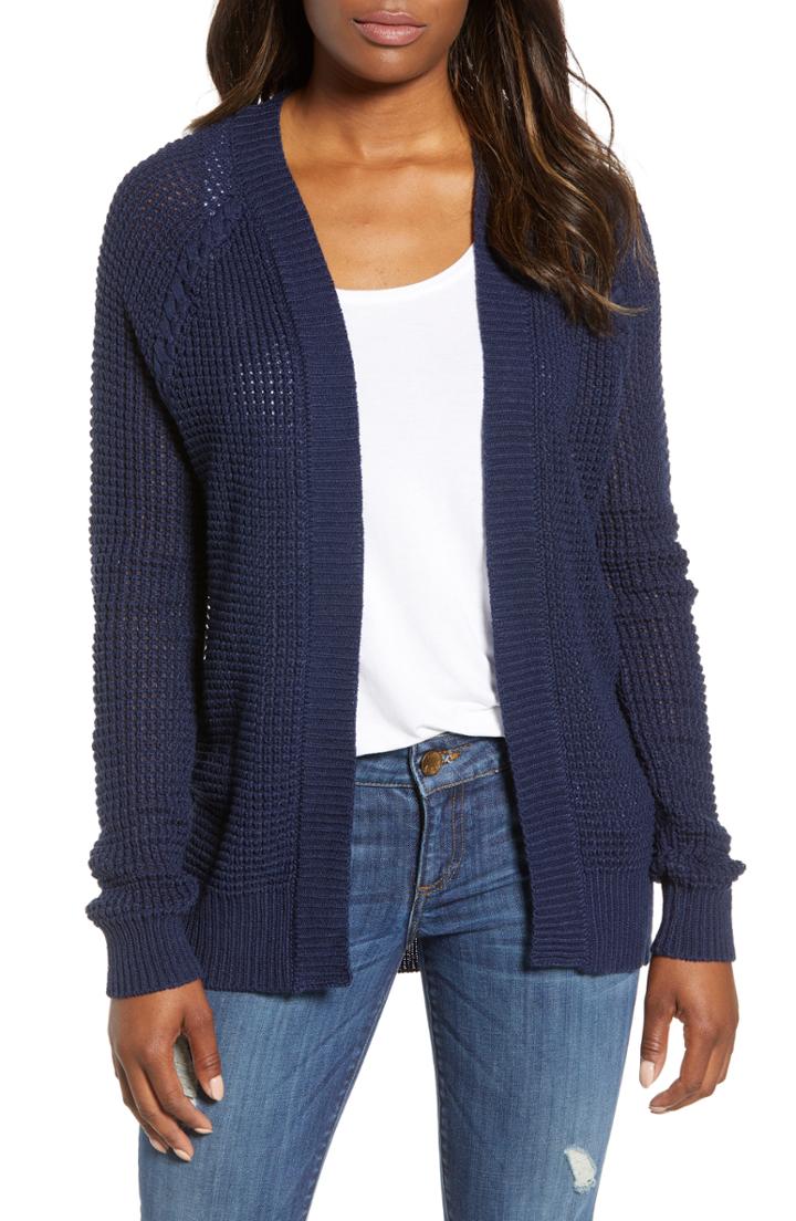 Women's Caslon Braided Shoulder Cardigan, Size - Blue