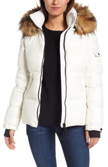 Women's Sam. Kylie Faux Fur Trim Gloss Puffer Jacket - White