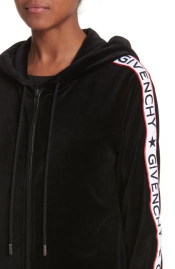 Women's Givenchy Logo Stripe Velvet Hoodie - Black