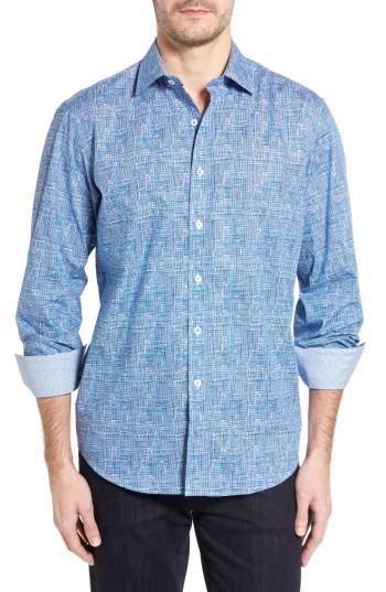 Men's Bugatchi Classic Fit Weave Print Sport Shirt - Blue
