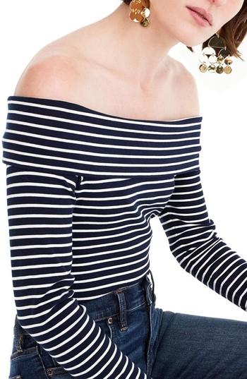 Women's J.crew Off-the-shoulder Foldover Stripe Top - Blue