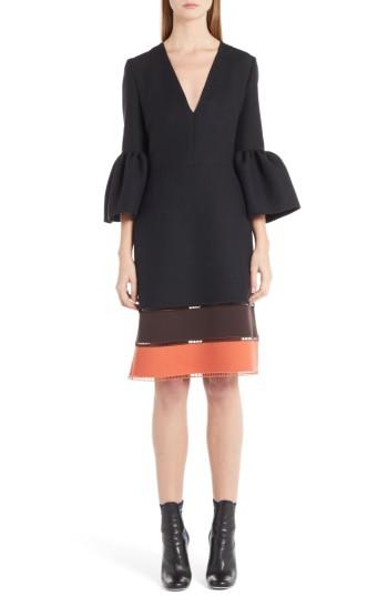 Women's Fendi Wool & Silk Bell Sleeve Shift Dress Us / 44 It - Black