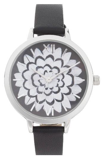 Women's Topshop Flower Leather Strap Watch, 37mm