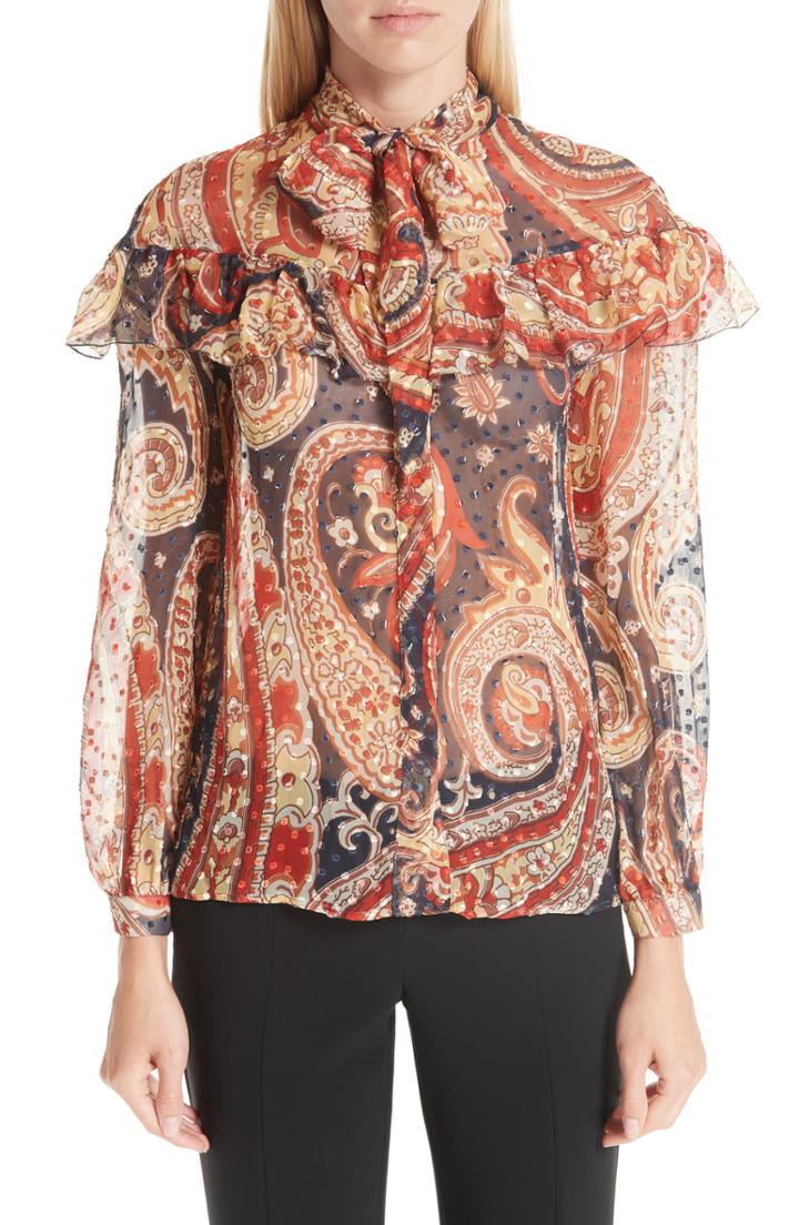 Women's Etro Paisley Print Chiffon Ruffle Blouse Us / 46 It - Orange