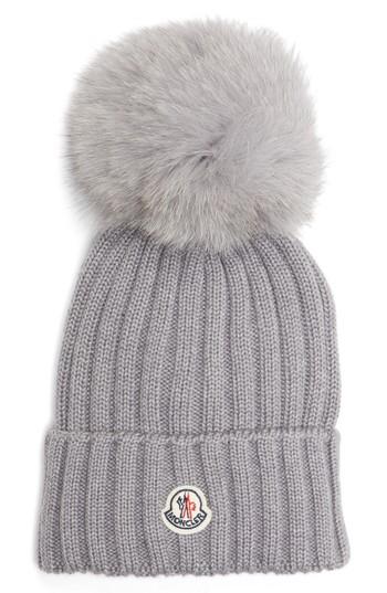 Women's Moncler Genuine Fox Fur Pom Wool Beanie - Grey