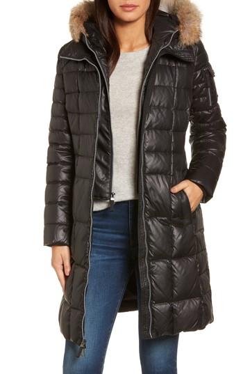 Women's Andrew Marc Quilted Coat With Genuine Coyote Fur - Black