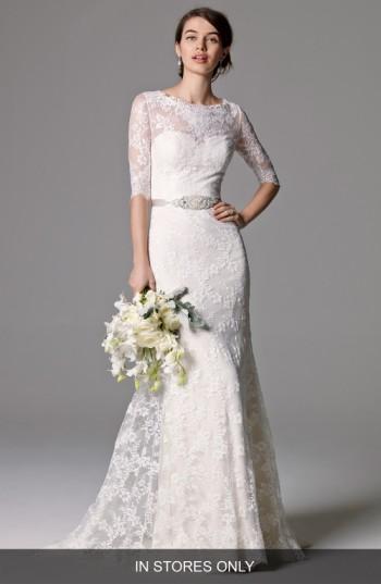 Women's Watters 'riviera' Illusion Bodice Lace Gown, Size - White