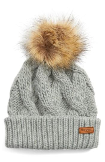 Women's Barbour Ashridge Beanie With Faux Fur Pom - Grey
