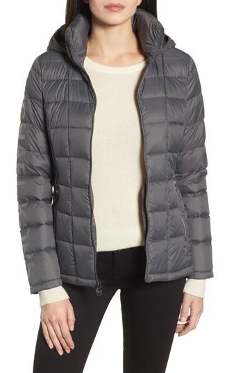 Women's Michael Michael Kors Logo Packable Down Jacket With Detachable Hood - Grey