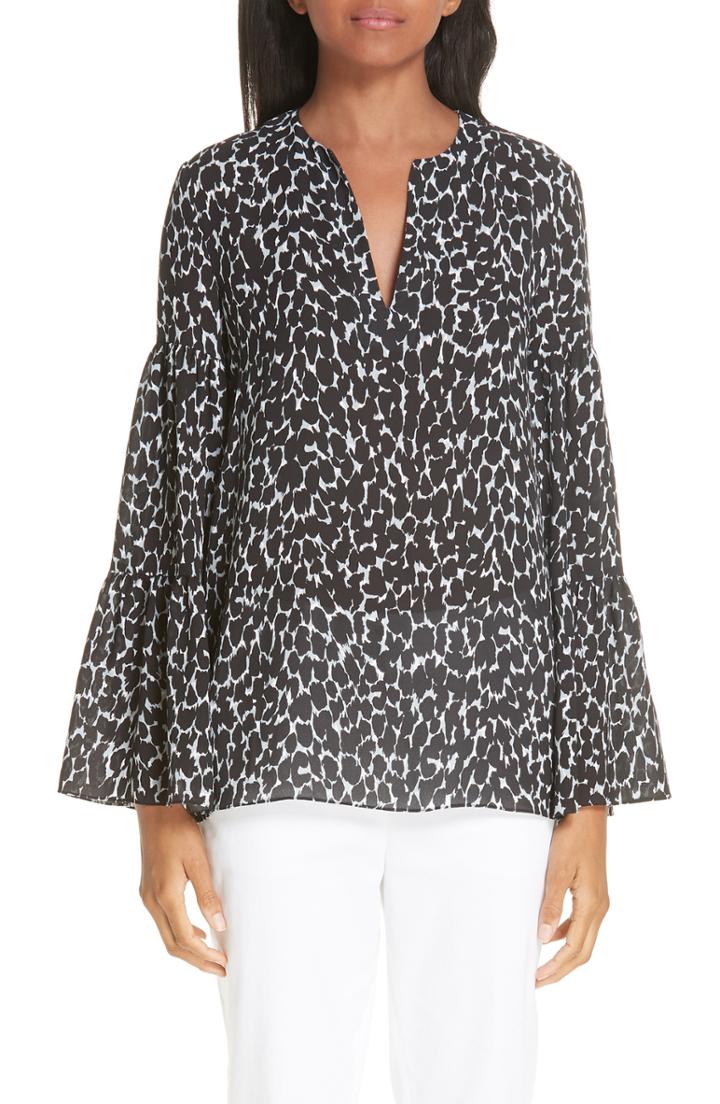 Women's Michael Kors Cheetah Print Bell Sleeve Silk Georgette Blouse - Black