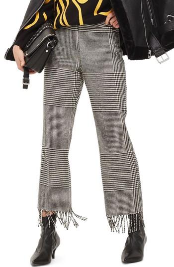 Women's Topshop Fringe Hem Check Trousers Us (fits Like 10-12) - Black