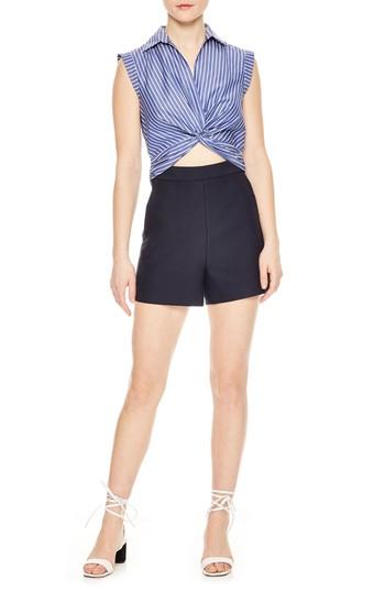 Women's Sandro Twist Front Mix Media Cotton Romper Us / 34 Fr - Blue