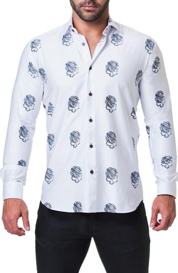 Men's Maceoo Fibonacci Skull Sketch Print Trim Fit Sport Shirt (s) - White