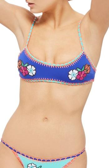 Women's Topshop Embroidered Crochet Bikini Top Us (fits Like 0) - Blue