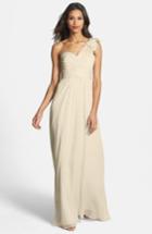 Women's Amsale Illusion Shoulder Crinkled Silk Chiffon Dress Regular - Beige