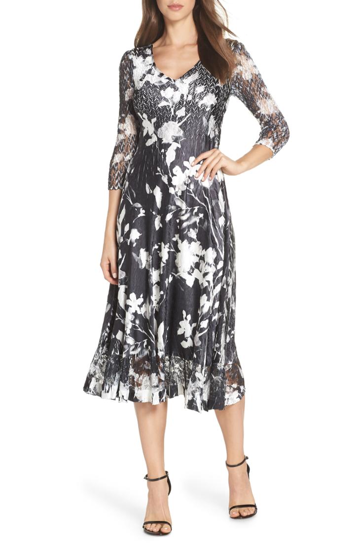 Women's Komarov Sheer Sleeve Floral Print Charmeuse A-line Dress - Black