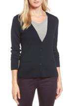 Petite Women's Halogen V-neck Merino Wool Cardigan P - Blue