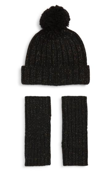 Women's Ugg Shimmer Cable Knit Arm Warmers & Pom Beanie Set - Black