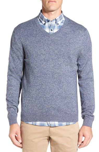 Men's Nordstrom Men's Shop Cotton & Cashmere V-neck Sweater, Size - Blue