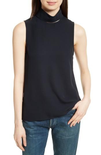 Women's Theory Classic Slit Collar Silk Top, Size - Blue