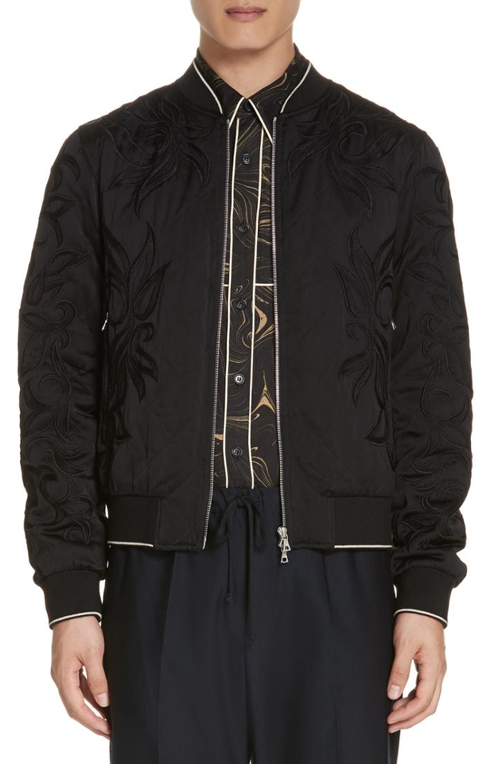 Men's Dries Van Noten Vinny Quilted Embroidered Bomber Jacket