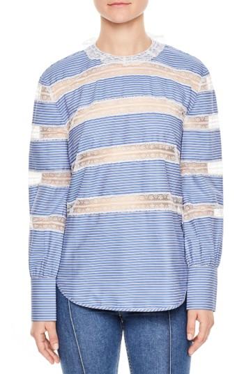 Women's Sandro Lace Inset Stripe Poplin Blouse - Blue