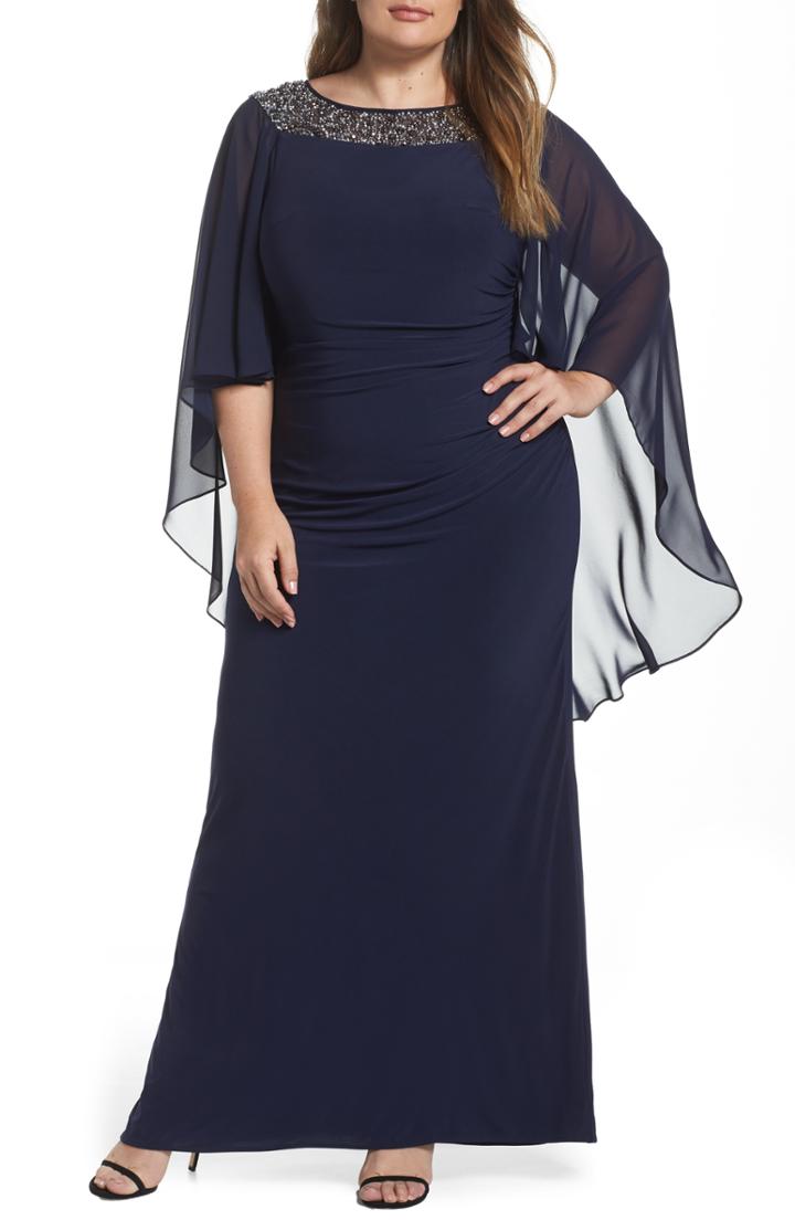 Women's Xscape Chiffon Cape Sleeve Beaded Neckline Gown