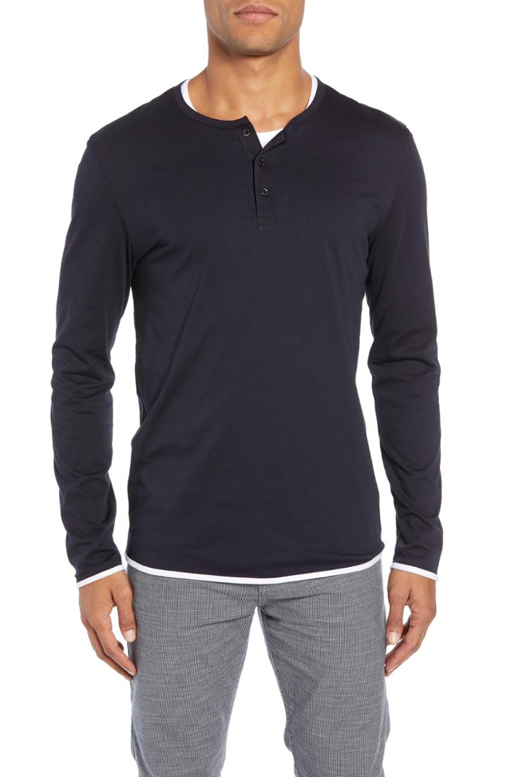 Men's Boss Textor Layered Fit Henley, Size Small - Black