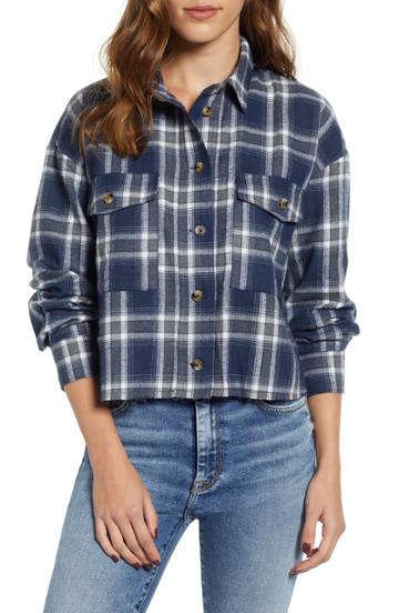 Women's Good Luck Gem Flannel Crop Shirt - Blue