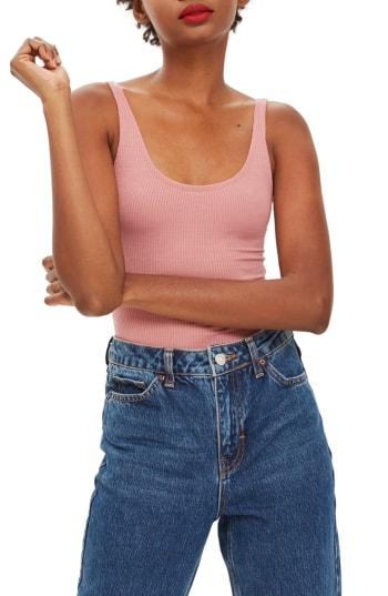 Women's Topshop Textured Scoop Neck Bodysuit Us (fits Like 10-12) - Beige