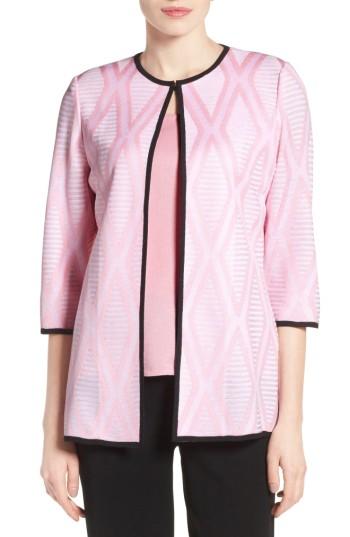 Women's Ming Wang Contrast Trim Diamond Pattern Collarless Jacket - Pink
