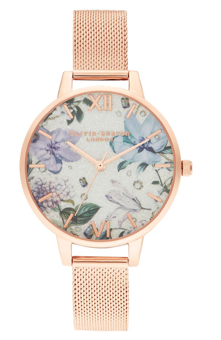 Women's Olivia Burton Bejeweled Floral Mesh Strap Watch, 34mm