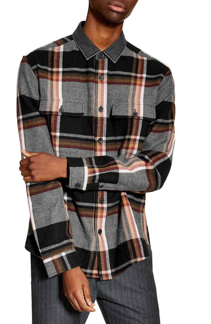 Men's Topman Slim Fit Denim Collar Flannel Shirt - Grey