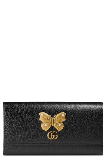 Women's Gucci Farfalla Leather Continental Wallet - Black