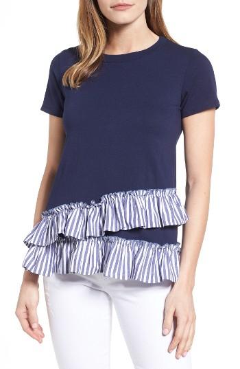 Petite Women's Bobeau Poplin Ruffle Tee P - Blue