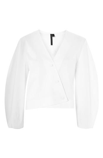 Women's Topshop Poplin Wrap Puff Sleeve Top Us (fits Like 0) - White