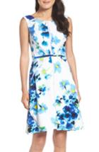 Petite Women's Adrianna Papell Floral Print With Mesh Inset Fit & Flare Dress P - Blue
