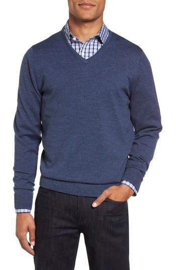 Men's Nordstrom Men's Shop V-neck Merino Wool Sweater, Size - Blue
