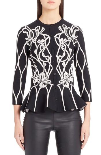Women's Alexander Mcqueen Floral Jacquard Peplum Cardigan - Black