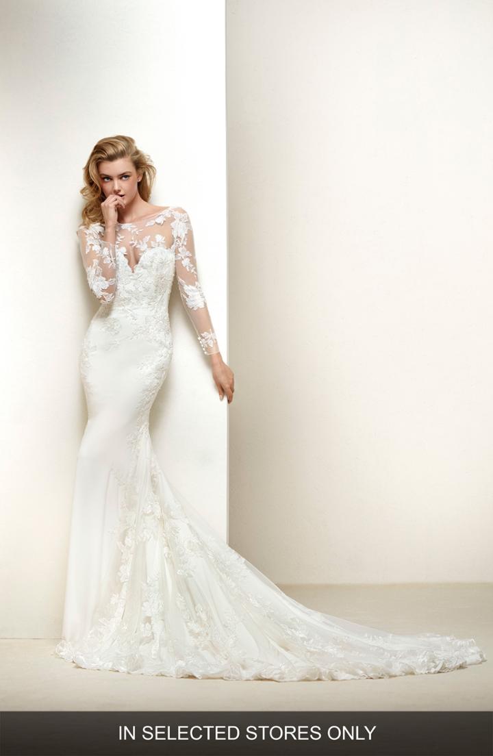 Women's Pronovias Drakar Embroidered Illusion Crepe & Tulle Mermaid Gown, Size - Ivory