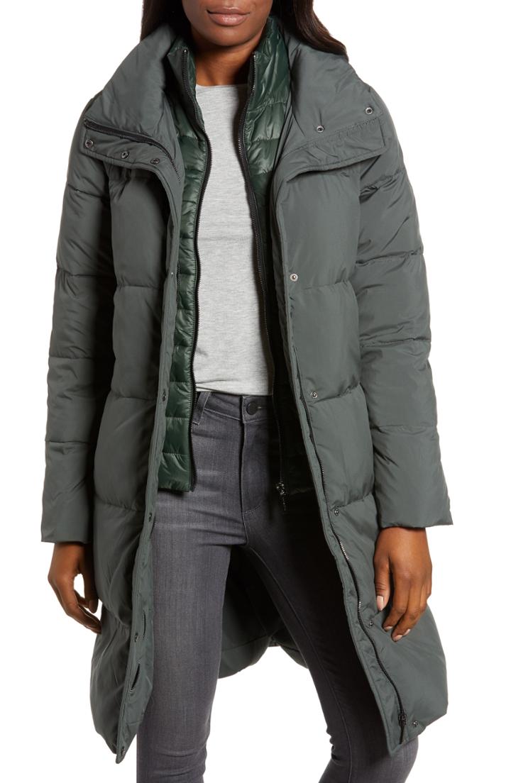Women's Bernardo Channel Puffer Coat With Vest Inset - Green