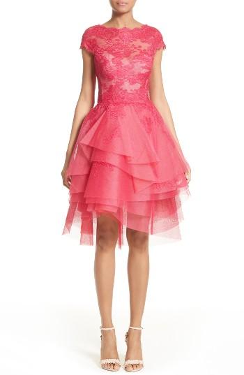 Women's Monique Lhuillier Tiered Chantilly Lace Dress
