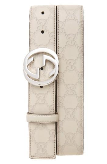 Men's Gucci Logo Buckle Calfskin Leather Belt 5 Eu - Mystic White